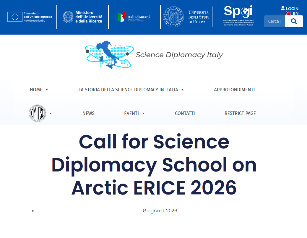 CALL for 2nd Edition of the International School on Science Diplomacy in Erice (Italy), 4-10 October 2026 – Deadline 31 JULY