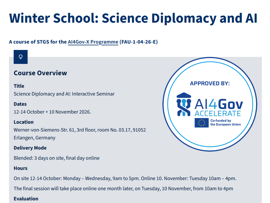 Winter School: Science Diplomacy and AI (Registration deadline: 17 September 2026!)