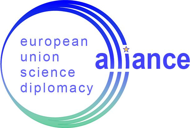Logo of the Europea Union Science Diplomacy Alliance with white, blue, turquoise and yellow